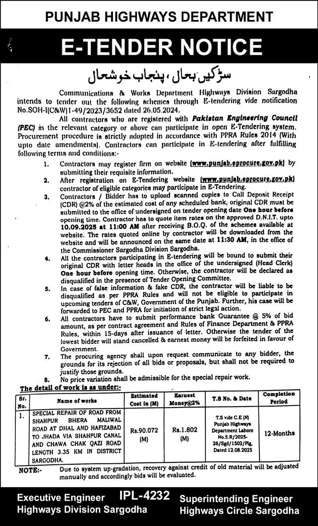 Punjab highways Division Sargodha Tender Notice